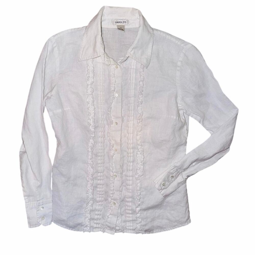 Harold’s white 100% linen long sleeve ruffle button front shirt XS poet cottage